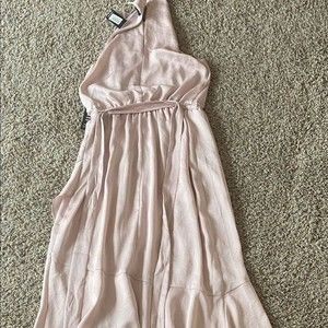 Express High neck strapy Race-back belted sheath ruffle Asymmetric knee dress